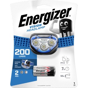 Energizer Vision Latarka czołowa z bateriami 3xAAA, niebieskie akcenty, 200 lumenów, do campingu i outdooru.