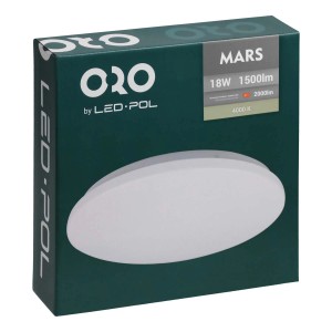Opakowanie okrągłego, białego plafonu LED ORO Mars o mocy 18W i strumieniu świetlnym 1500lm.
