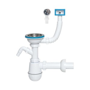 Biały syfon do zlewu z różnymi przyłączami i armaturą odpływową.