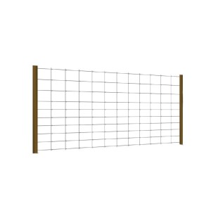 Prostokątny panel z siatki drucianej do paneli i ogrodzeń z brązowymi słupkami.