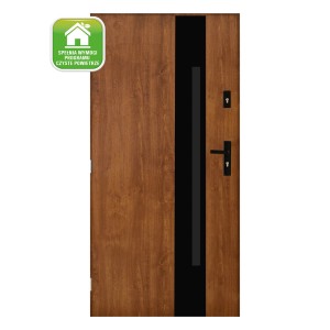 Brązowe drzwi zewnętrzne z czarnym akcentem i klamką.