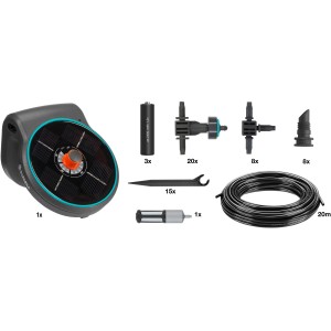 Zestaw nawadniania solarnego Gardena Aqua Bloom z pompą, panelem słonecznym, kroplownikami i akcesoriami.