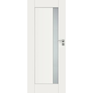 Białe drzwi wewnętrzne z wstawką szklaną i klamką.