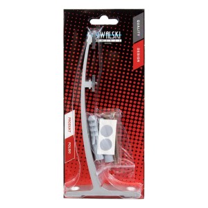 Srebrny karnisz t.b.t. z akcesoriami do montażu ściennego.