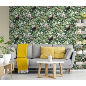 Tapeta flizelinowa Erismann Paradisio 2: Dżungla z tukanami i tropikalnymi liśćmi w kolorze zielonym.