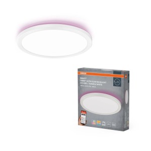 Biała, okrągła lampa panelowa LED Osram Smart Orbis Ultra Slim z fioletowym podświetleniem i opakowaniem.