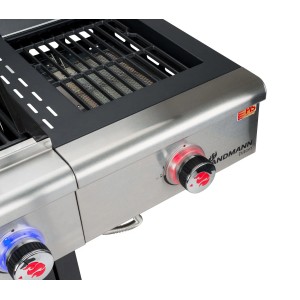 Zbliżenie: Grill gazowy Landmann Triton maxX z dwoma palnikami i podświetlanymi regulatorami.