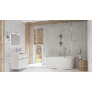 Nowoczesna łazienka z wanną wolnostojącą i szafką pod umywalkę.