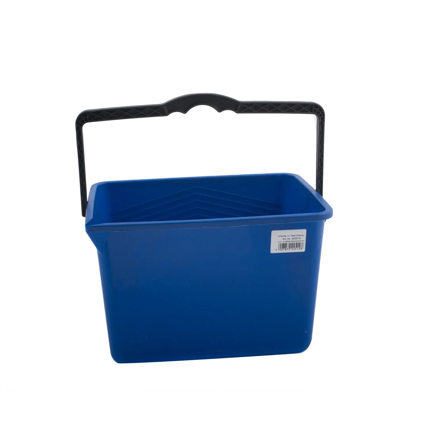 Niebieskie wiadro na farbę LUX Classic 15 l z czarnym uchwytem, idealne do mieszania i napełniania farby.