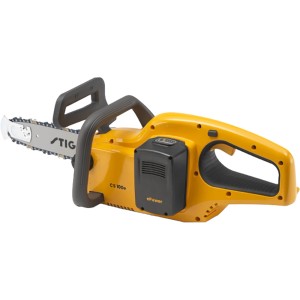 Żółta pilarka akumulatorowa Stiga CS 100e z akumulatorem. Kompaktowa konstrukcja do prac ogrodowych.