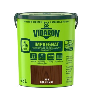 Zielona puszka impregnatu do drewna Vidaron, odcień ciemny dąb, do użytku zewnętrznego.