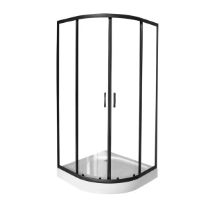 Kabina półokrągła t.b.t. z czarną ramą i przezroczystymi drzwiami szklanymi.