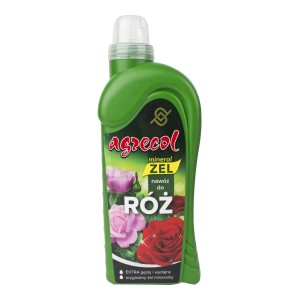 Agrecol żelowy nawóz do róż w zielonej butelce z ilustracją róż.