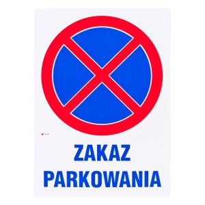 Znak zakazu parkowania: Niebieski symbol z czerwonym okręgiem i krzyżem oznaczający zakaz parkowania.