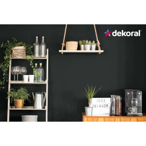 Pokój dzienny z farbą do ścian t.b.t. (Kolorowe farby do ścian) w ciemnym odcieniu, udekorowany półkami i roślinami.