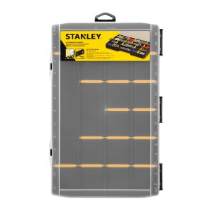 Przezroczysty organizer Stanley z przegródkami na narzędzia i drobne części.