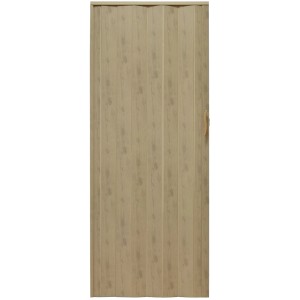 Beżowe drzwi harmonijkowe z efektem drewna, zamknięte.