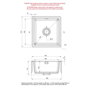 Rysunek techniczny zlewozmywaka ceramicznego t.b.t. z wymiarami do instalacji.