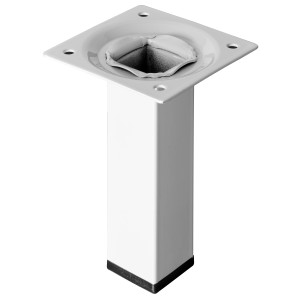 Biała, kwadratowa noga do stołu Hettich, 25x25x100 mm, z płytką montażową. Noga meblowa do użytku wewnętrznego.