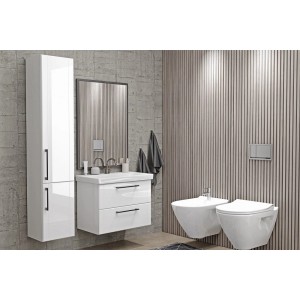 Nowoczesny, biały zestaw mebli łazienkowych t.b.t z umywalką, szafką z lustrem i szafką wiszącą.