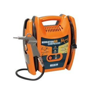 Kompaktowy, pomarańczowy kompresor z akcesoriami do wszechstronnych zastosowań.