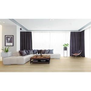 Jasny salon z panelami winylowymi t.b.t. imitującymi drewno. Nowoczesna atmosfera.