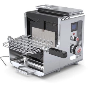 Grill gazowy Landmann 800 z palnikiem na podczerwień i termometrem Bluetooth, kosz do grillowania otwarty.