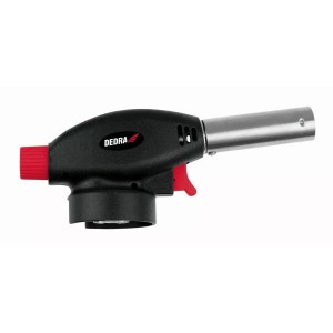 Czarna lutownica z czerwonym regulatorem i srebrną dyszą.