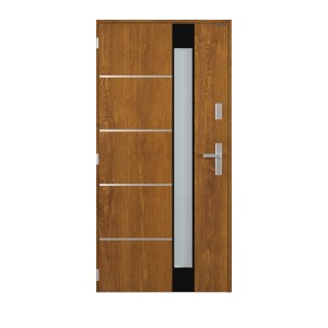 Nowoczesne drzwi zewnętrzne w kolorze drewna z szybą i srebrnymi akcentami.