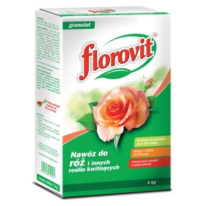 Florovit nawóz do róż granulowany, opakowanie 1 kg ze zdjęciem róży.