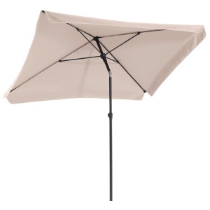 Beżowy parasol balkonowy Hernando, 210x140 cm, z funkcją push-up i stalową ramą.