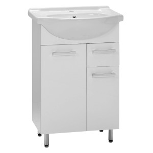 Biała szafka pod umywalkę t.b.t. z umywalką i dwojgiem drzwi. Zestaw mebli łazienkowych.