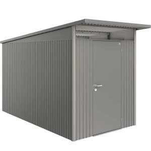 Metalowy domek ogrodowy Biohort AvantGarde A4 w kolorze kwarcowy szary metalik ze standardowymi drzwiami.