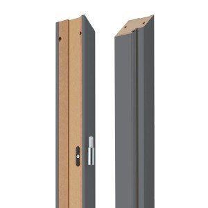 Szara ościeżnica t.b.t. z okuciami do drzwi wewnętrznych.