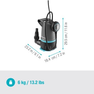 Pompa zanurzeniowa Gardena 2-w-1 2000 Basic, odpowiednia do czystej i brudnej wody, z wymiarami.