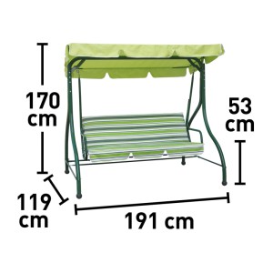 Zielona huśtawka ogrodowa o wymiarach: 170 cm wysokości, 191 cm szerokości, wysokość siedziska 53 cm.