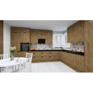 Nowoczesna kuchnia z zabudowanymi szafkami w kolorze drewna i czarnym blatem.