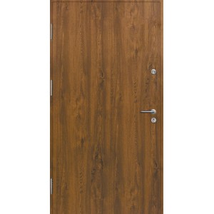 Brązowe drzwi zewnętrzne z fakturą drewna, klamką i wizjerem.