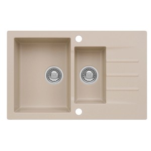 Beżowy zlewozmywak granitowy t.b.t. z dwiema komorami i ociekaczem.
