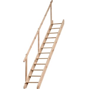 Drewniane schody wewnętrzne z poręczą, nieobrobione.