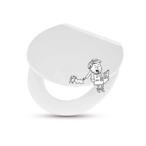 Biała deska sedesowa t.b.t. z rysunkiem mężczyzny czytającego gazetę.