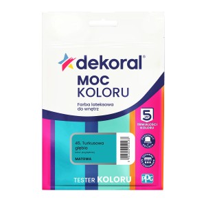Tester farby Dekoral, turkusowy, matowa farba do ścian wewnętrznych.