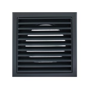 Kwadratowa, antracytowa kratka wentylacyjna.