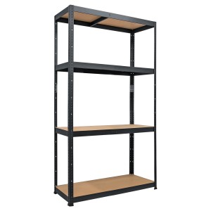 Czarny regał t.b.t. z czterema drewnianymi półkami do przechowywania.