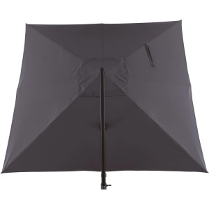 Szary, kwadratowy parasol wiszący od dołu. Ochrona przed słońcem do ogrodu i na taras.