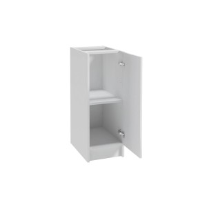 Biała szafka kuchenna z zestawu mebli t.b.t. z otwartymi drzwiami i półką.