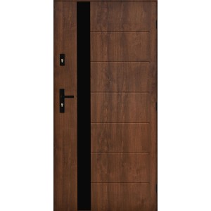 Nowoczesne drzwi zewnętrzne w kolorze drewna z czarnym akcentem i klamką.