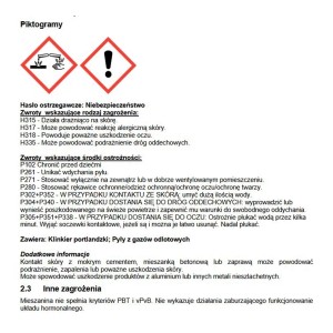 Instrukcje bezpieczeństwa i piktogramy dla cementu i wapna t.b.t.: Działa drażniąco, żrąco, należy przestrzegać zasad bezpieczeństwa.