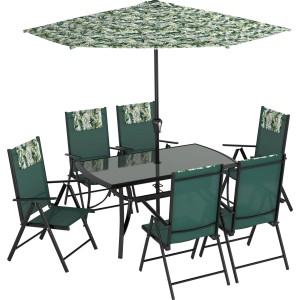 8-częściowy zestaw mebli ogrodowych Travessa zielony ze stołem, krzesłami i parasolem.