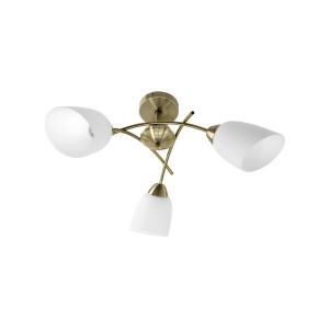 Lampa sufitowa t.b.t. w kolorze mosiądzu z trzema białymi szklanymi kloszami. Idealna jako lampa do salonu.